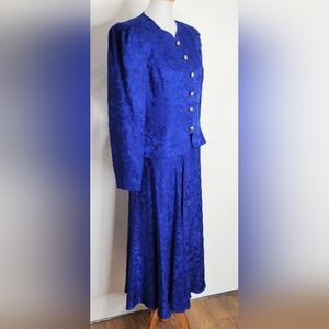 VINTAGE ROYAL BLUE JACQUARD SILK JACKET & SKIRT